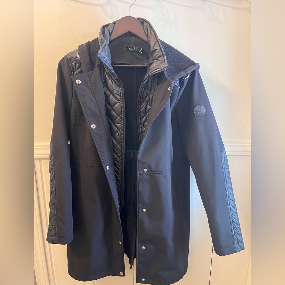 Lauren Ralph Lauren Black Hooded Softshell Coat L Quilted Trim Winter Jacket